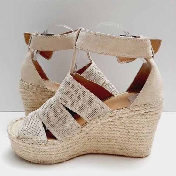 MARC FISHER \ Perforated Suede Open Toe Rope Platform Wedge Shoe Cream Beige 9 - Picture 12 of 16